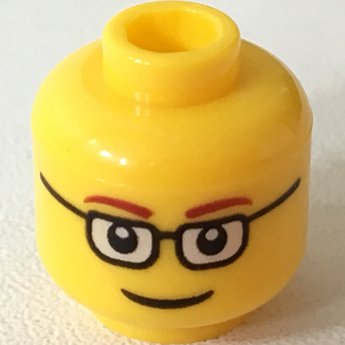 Tête de minifigurine, Lunettes Rectangulaire, Sourcils fins rouges, Motif imprimé sourire (Minifig Head, Glasses Rectangular, Red Thin Eyebrows, Smile Print)