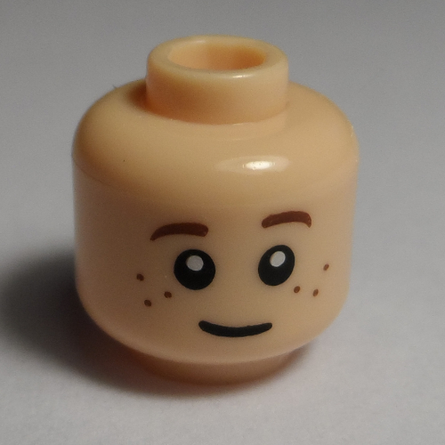 Tête de minifigurine Bain, double visage, sourcils bruns et taches de rousseur, léger sourire / motif imprimé froncé [tenon creux] (Minifig Head Bain, Dual Sided, Brown Eyebrows and Freckles, Slight Smile / Frown Print [Hollow Stud])