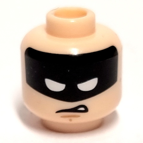Tête de minifigurine Batman, Masque noir aux yeux blancs plissés, Motif imprimé Expression inquiète / dégoûtée (Minifig Head Batman, Black Mask with White Squinted Eyes, Worried / Disgusted Expression Print)