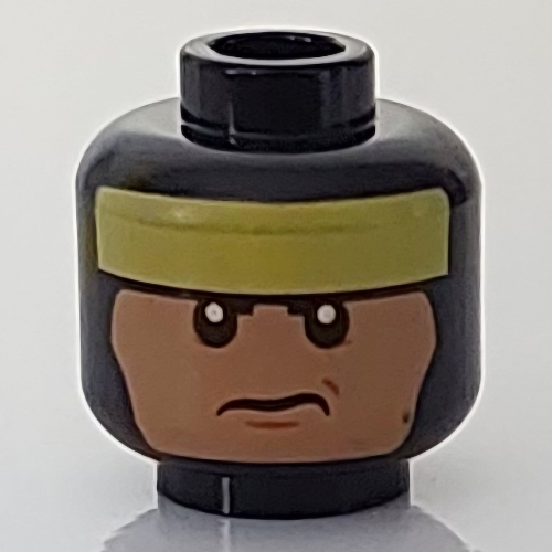 Tête de minifigurine Batman, cagoule avec bandeau jaune, visage nougat, fronce les sourcils / dents nues motif imprimé (Minifig Head Batman, Balaclava with Yellow Headband, Nougat Face, Frown / Bared Teeth Print)