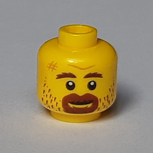 Tête de minifigurine, sourcils brun rougeâtre, motif : bouc et barbe naissante (Minifig Head, Reddish Brown Eyebrows, Goatee and Stubble Print)