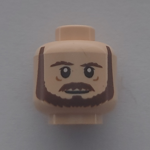 Tête de minifigurine Qui-Gon Jinn, double visage, barbe brun rougeâtre, moustache, neutre / motif imprimé sourcil gauche relevé [tenon creux] (Minifig Head Qui-Gon Jinn, Dual Sided, Reddish Brown Beard, Mustache, Neutral / Raised Left Eyebrow Print [Hollow Stud])