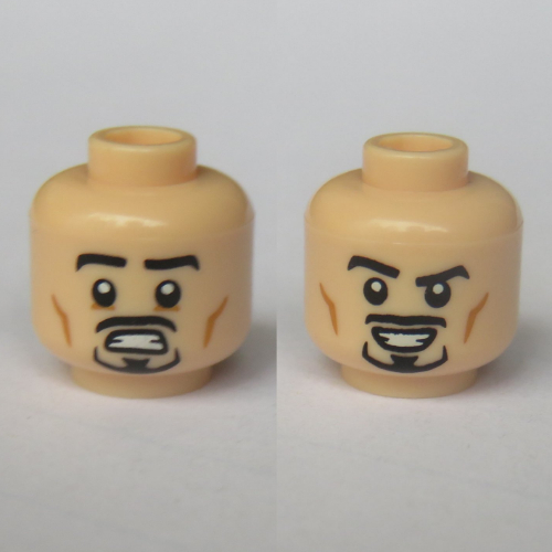 Tête de minifigurine Tony Stark (Iron Man), bouche ouverte, moustache, bouc, motif imprimé souriant / effrayé (Minifig Head Tony Stark (Iron Man), Open Mouth, Mustache, Goatee, Smiling / Scared Print)
