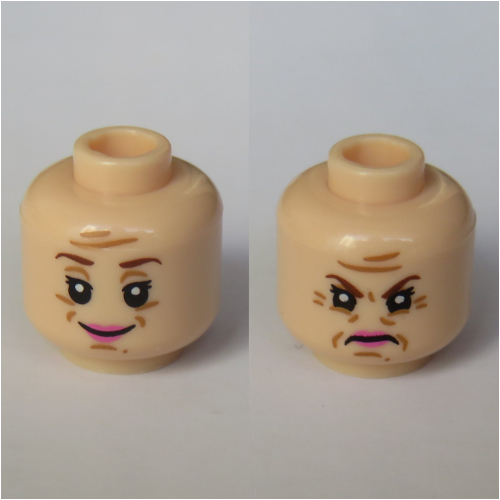Tête de minifigurine Dolores Umbridge, double face, lèvres roses, pupilles blanches, sourcils bruns rougeâtres motif imprimé [tenon creux] (Minifig Head Dolores Umbridge, Dual Sided, Pink Lips, White Pupils, Reddish Brown Eyebrows Print [Hollow Stud])
