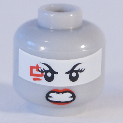 Tête de minifigurine Harumi, double visage, bandeau blanc et rouge à lèvres rouge, motif : sourire / dents serrées [tenon creux] (Minifig Head Harumi, Dual Sided, White Eyeband and Red Lipstick, Smile / Clenched Teeth Print [Hollow Stud])