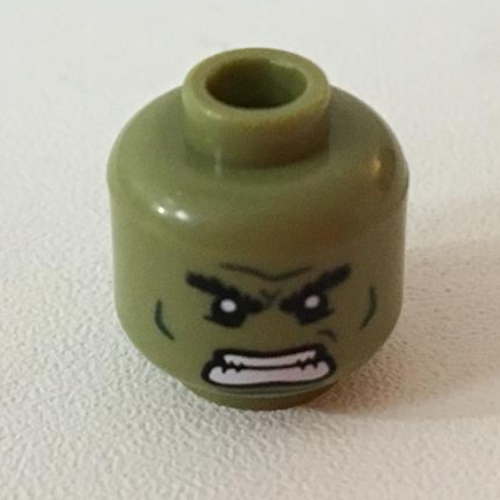 Tête de minifigurine Hulk, double visage, sourcils broussailleux, lignes vert foncé, Raging / regard menaçant motif imprimé [tenon creux] (Minifig Head Hulk, Dual Sided, Bushy Eyebrows, Dark Green Lines, Raging / Scowl Print [Hollow Stud])