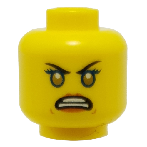 Tête de minifigurine Nya, sourcils, lèvres orange foncé / yeux bordés de bleu, pupilles dorées, motif : en colère (Minifig Head Nya, Eyebrows, Dark Orange Lips / Blue Rimmed Eyes, Gold Pupils, Angry Print)