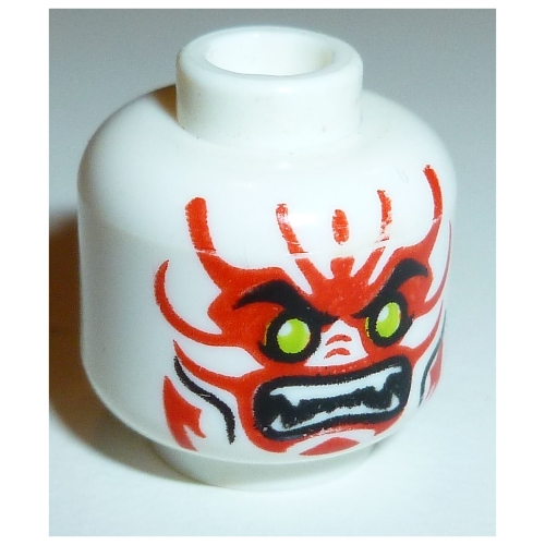 Tête de minifigurine Général Kozu, yeux vert citron, crocs blancs, marquages du visage rouge, bouche, motif : traits sur les joues (Minifig Head General Kozu, Lime Eyes, White Fangs, Red Face Markings, Mouth, Cheek Lines Print)