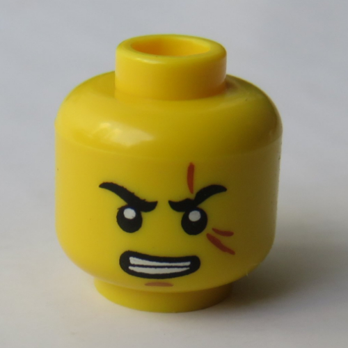 Tête de minifigurine Kai, sourcils, cicatrice sur l'œil, dents serrées motif imprimé [tenon creux] (Minifig Head Kai, Eyebrows, Scar over Eye, Clenched Teeth Print [Hollow Stud])