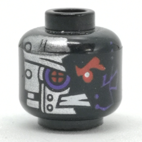 Tête de minifigurine Cryptor général / Nindroid, œil de robot rouge avec bord violet, placage de métal, motif imprimé Rivets (Minifig Head General Cryptor / Nindroid, Red Robot Eye with Purple Edge, Metal Plating, Rivets Print)