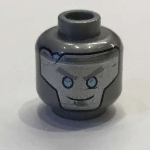 Tête de minifigurine Zane, yeux de robot bleu, sourcils gris et fissure, cercles sur le motif imprimé arrière [tenon creux] (Minifig Head Zane, Blue Robot Eyes, Gray Eyebrows and Crack, Circles on Back Print [Hollow Stud])