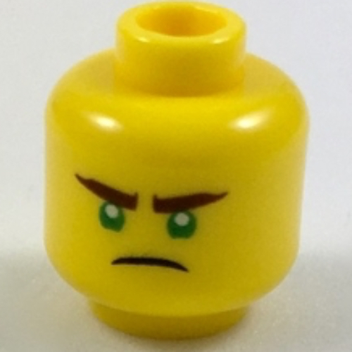 Tête de minifigurine Lloyd, sourcils brun rougeâtre, yeux verts, motif : regard menaçant [tenon creux] (Minifig Head Lloyd, Reddish Brown Eyebrows, Green Eyes, Scowl Print [Hollow Stud])
