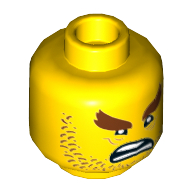 Tête de minifigurine de requin armée, barbe naissante brun rougeâtre et sourcils touffus, rides, bouche ouverte showl motif imprimé [tenon creux] (Minifig Head Shark Army, Reddish Brown Stubble and Bushy Eyebrows, Wrinkles, Open Mouth Scowl Print [Hollow Stud])