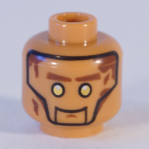 Tête de minifigurine Zane (Echo), yeux argentés, sourcils bruns, Motif imprimé Cercle d'or [tenon creux] (Minifig Head Zane (Echo), Silver Eyes, Brown Eyebrows, Gold Circle Print [Hollow Stud])
