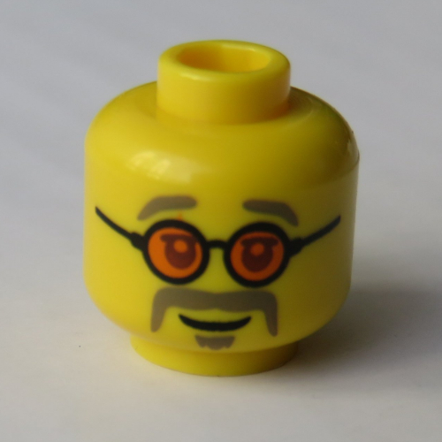 Tête de minifigurine, lunettes avec lentilles orange, motif : moustache beige foncé et sourcils (Minifig Head, Glasses with Orange Lenses, Dark Tan Moustache and Eyebrows Print)