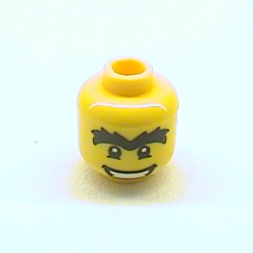 Tête de minifigurine Homme de caverne, yeux avec l'pupille blanc, monosourcil épais, motif imprimé grand de sourire de bouche (Minifig Head Cave Man, Eyes with White Pupil, Thick Unibrow, Wide Mouth Smile Print)
