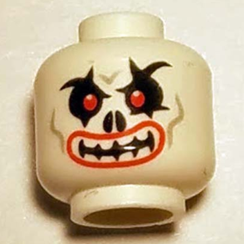 Tête de minifigurine krazi, mal de crâne avec des yeux rouges, sourcils courbés et lèvres rouges motif imprimé [tenon creux] (Minifig Head Krazi, Skull Evil with Red Eyes, Curved Eyebrows and Red Lips Print [Hollow Stud])