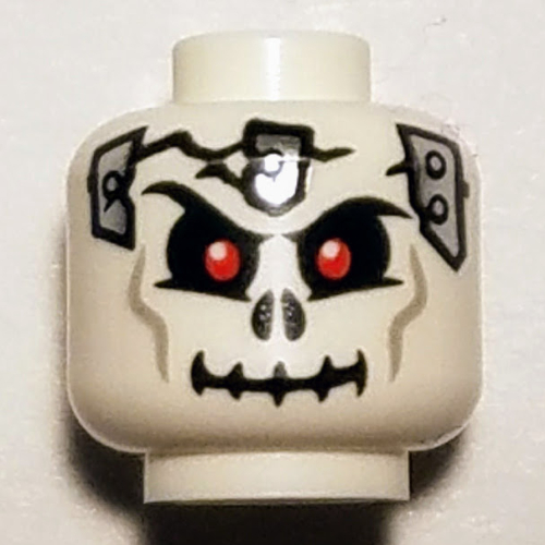 Tête de minifigurine Frakjaw, crâne fissuré avec des plaques de métal sur le devant et le dos motif imprimé [tenon creux] (Minifig Head Frakjaw, Skull Cracked with Metal Plates on Front and Back Print [Hollow Stud])