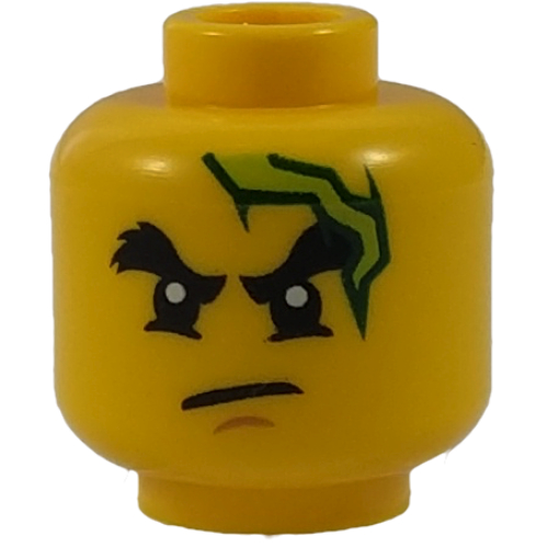 Tête de minifigurine Cole, double visage, sourcils broussailleux, fossette du menton, foudre, cowl / bouche ouverte avec motif imprimé de dents [tenon creux] (Minifig Head Cole, Dual Sided, Bushy Eyebrows, Chin Dimple, Lightning Bolt, Scowl / Open Mouth with Teeth Print [Hollow Stud])
