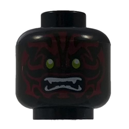 Tête de minifigurine Scout / Épée, yeux vert citron, Crocs Blancs et Décorations de Visage Rouge Foncé motif imprimé [tenon creux] (Minifig Head Scout / Swordsman, Lime Eyes, White Fangs and Dark Red Face Decorations Print [Hollow Stud])
