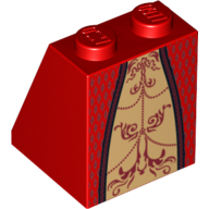 Brique inclinée 65° 2 x 2 x 2 avec Jupe en médaillon doré avec bordure rouge foncé et motif imprimé fond (Brick Sloped 65° 2 x 2 x 2 with Gold Inset Skirt with Dark Red Trim and Background Print)