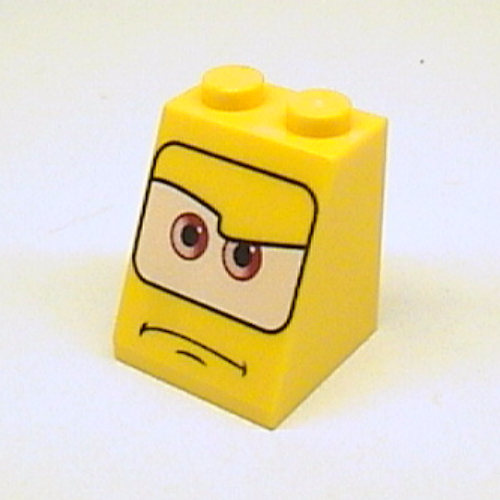 Brique inclinée 65° 2 x 2 x 2 avec yeux, brun sur fond blanc et motif imprimé bouche tournée vers le bas (Brick Sloped 65° 2 x 2 x 2 with Eyes, Brown on White Background and Mouth Turned Down Print)