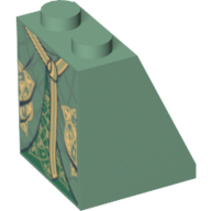 Brique inclinée 65° 2 x 2 x 2 avec robe en couches avec jupe vert foncé et motif imprimé ceinture or (Brick Sloped 65° 2 x 2 x 2 with Layered Dress with Dark Green Skirt and Gold Belt Print)