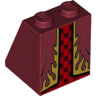 Brique inclinée 65° 2 x 2 x 2 avec robes avec Flammes d'Or Garniture sur robe Rouge avec Crânes Noirs motif imprimé (Brick Sloped 65° 2 x 2 x 2 with Robes with Gold Flames Trim over Red Dress with Black Skulls Print)
