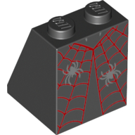 Brique inclinée 65° 2 x 2 x 2 avec toile d'araignée rouge et motif imprimé 2 araignées argentées (Brick Sloped 65° 2 x 2 x 2 with Red Spider Web and 2 Silver Spiders Print)