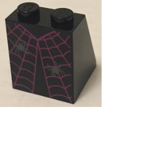 Brique inclinée 65° 2 x 2 x 2 avec robe avec Toile Araignée Magenta et 2 Motif Araignées Gris Foncé (Brick Sloped 65° 2 x 2 x 2 with Dress with Magenta Spider Web and 2 Dark Bluish Gray Spiders Pattern)