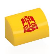 Visuel indicatif Rebrickable de Brique courbée 1 x 2 x 1 Non tenons avec motif imprimé rouge Autotron (Brick Curved 1 x 2 x 1 No Studs with Red Autotron Print)