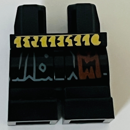 Visuel indicatif Rebrickable de Bassin et noir Jambes moyennes avec ceinture jaune, extrémités de manteau, motif imprimé Orange foncé (Hips and Black Medium Legs with Yellow Belt, Coat Ends, Dark Orange Trim Print)