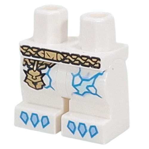 Visuel indicatif Rebrickable de Jambes moyennes avec ceinture en or, pendentif casque, patchs de glace azur, motif imprimé griffes (Hips and White Medium Legs with Gold Belt, Helmet Pendant, Azure Ice Patches, Claws Print)