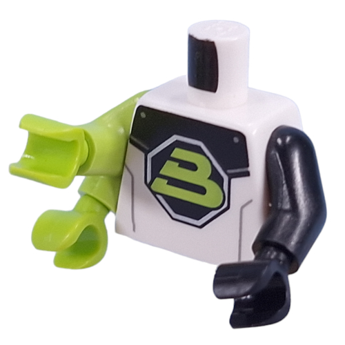 Visuel indicatif Rebrickable de Torse, bras et main gauche noir, double bras droit en vert citron et mains avec costume noir/blanc, Blacktron II Logo imprimé (Torso, Left Black Arm and Hand, Right Lime Double Arm and Hands with Black/White Space Suit, Blacktron II Logo Print)