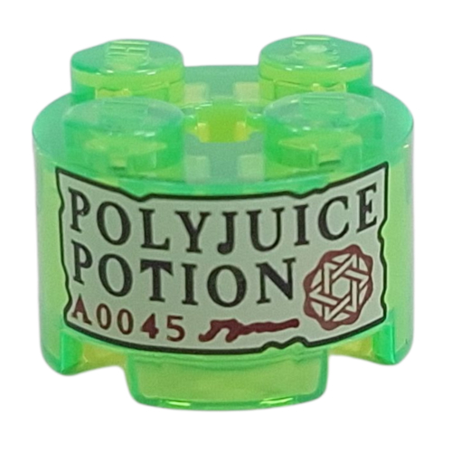 Visuel indicatif Rebrickable de Brique ronde 2 x 2 avec étiquette beige, motif imprimé 'POLYJUICE POTION' (Brick Round 2 x 2 with Tan Label, 'POLYJUICE POTION' Print)