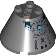 Visuel indicatif Rebrickable de Cône 4 x 4 x 2, trou d'axe avec trappe de capsule saturn v et motif imprimé fenêtre (Cone 4 x 4 x 2, Axle Hole with Saturn V Capsule Hatch and Window Print)
