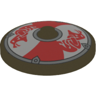 Visuel indicatif Rebrickable de Plat 4 x 4 inversé [radar] avec viking bouclier rouge / blanc sections et rouge serpent motif imprimé (Dish 4 x 4 Inverted [Radar] with Viking Shield Red / White Sections and Red Serpent Print)