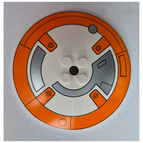 Visuel indicatif Rebrickable de Plat 8 x 8 inversé [radar] avec bande orange, motif imprimé droïde gris bleu foncé (BB-8 côté gauche) (Dish 8 x 8 Inverted [Radar] with Orange Band, Dark Bluish Grey Droid Plating Print (BB-8 Left Side))