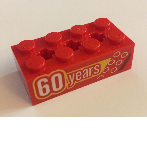 Visuel indicatif Rebrickable de Brique spéciale 2 x 4 avec 3 trous d'axe avec motif imprimé '60 Years' (Brick Special 2 x 4 with 3 Axle Holes with '60 Years' Print)