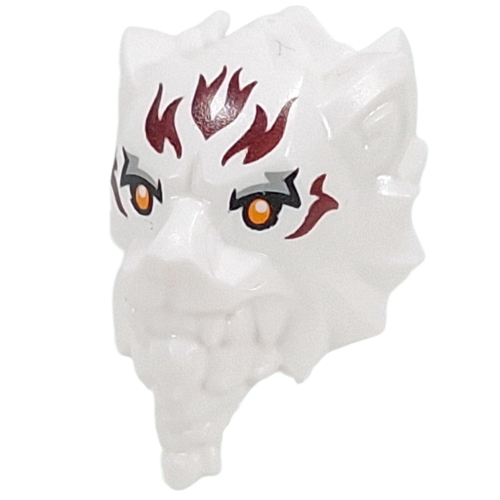 Tête de minifigurine spéciale lion/tigre aux yeux orange, fard à paupières gris bleuté noir/clair, motif imprimé flammes rouge foncé (Minifig Head Special Lion/Tiger with Orange Eyes, Black/Light Bluish Grey Eyeshadow, Dark Red Flames Print)