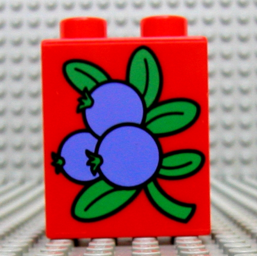 Visuel indicatif Rebrickable de Duplo brique 1 x 2 x 2 avec 3 bleuets et feuilles motif imprimé (Duplo Brick 1 x 2 x 2 with 3 Blueberries and Leaves Print)