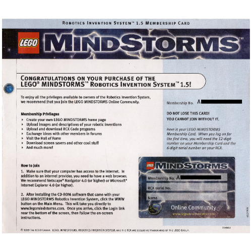 Visuel indicatif Rebrickable de Système d'invention robotique 1.5 Carte de membre (Robotics Invention System 1.5 Membership Card)