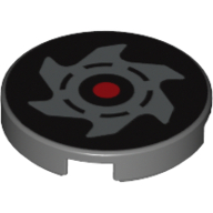 Visuel indicatif Rebrickable de Tuile ronde 2 x 2 avec étoile argentée, point rouge / noir/rouge logo nindroid motif imprimé (Tile Round 2 x 2 with Silver Star, Red Dot / Black/Red Nindroid Logo Print)