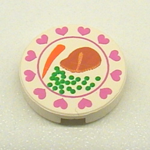 Visuel indicatif Rebrickable de Tuile ronde 2 x 2 avec cœurs, steak, pois, motif imprimé carotte (Tile Round 2 x 2 with Hearts, Steak, Peas, Carrot Print)