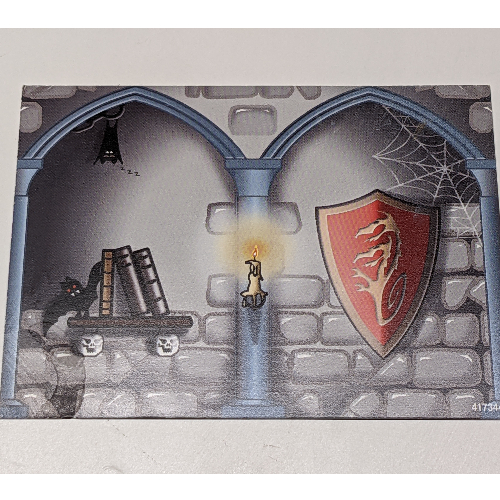 Visuel indicatif Rebrickable de Toile de fond avec intérieur du château avec étagère et bouclier / extérieur du château avec fenêtre et arbre motif imprimé (Backdrop with Castle Interior with Shelf and Shield / Castle Exterior with Window and Tree Print)