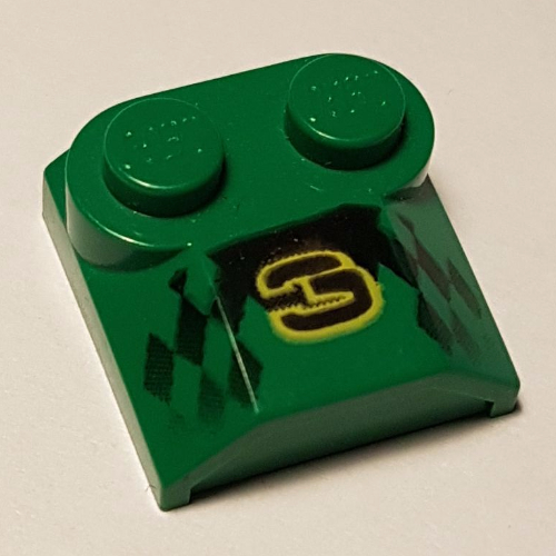 Visuel indicatif Rebrickable de Brique courbée 2 x 2 x 2/3 deux tenons et extrémité de la lèvre avec motif imprimé '3' et damier (Brick Curved 2 x 2 x 2/3 Two Studs and Lip End with '3' and Checker Print)