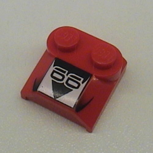 Visuel indicatif Rebrickable de Brique courbée 2 x 2 x 2/3 Deux tenons et Lip End avec '66', Triangle noir, motif imprimé carré blanc (Brick Curved 2 x 2 x 2/3 Two Studs and Lip End with '66', Black Triangle, White Square Print)