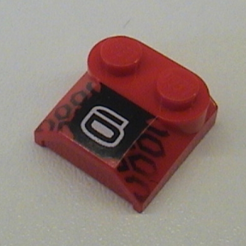 Visuel indicatif Rebrickable de Brique courbée 2 x 2 x 2/3 deux tenons et extrémité de la lèvre avec 6 et motif imprimé de bande de roulement de pneu noir (Brick Curved 2 x 2 x 2/3 Two Studs and Lip End with 6 and Black Tyre Tread Print)