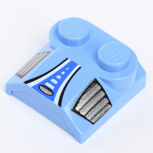 Visuel indicatif Rebrickable de Brique courbée 2 x 2 x 2/3 deux tenons et extrémité de la lèvre avec bande bleue / blanche et grilles latérales argentées motif imprimé (Brick Curved 2 x 2 x 2/3 Two Studs and Lip End with Blue/White Stripe and Silver Side Grills Print)