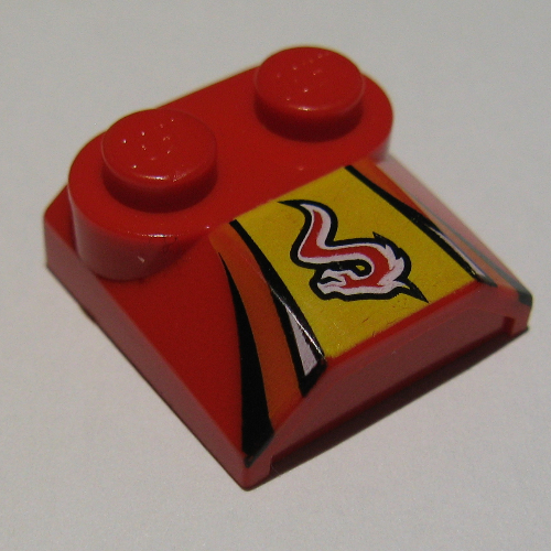 Visuel indicatif Rebrickable de Brique courbée 2 x 2 x 2/3 Deux tenons et Lip End avec flamme rouge / blanc sur jaune, motif imprimé rayures noires (Brick Curved 2 x 2 x 2/3 Two Studs and Lip End with Red/White Flame on Yellow, Black Stripes Print)